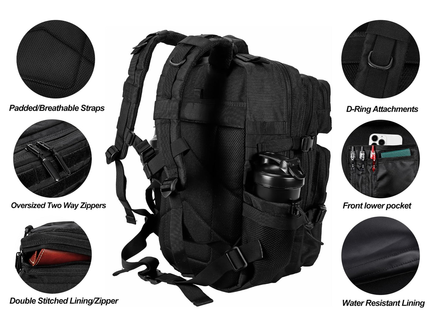 LHI Military Tactical Backpack for Men and Women 45L Army 3 Days Assault Pack Bag Large Rucksack with Molle System -Black