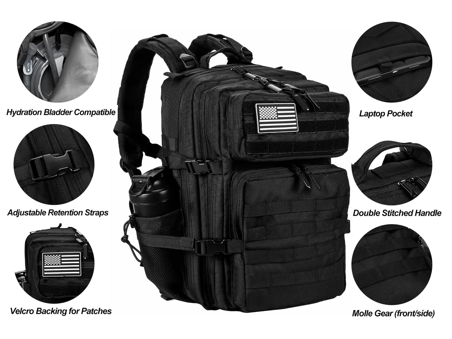 LHI Military Tactical Backpack for Men and Women 45L Army 3 Days Assault Pack Bag Large Rucksack with Molle System -Black